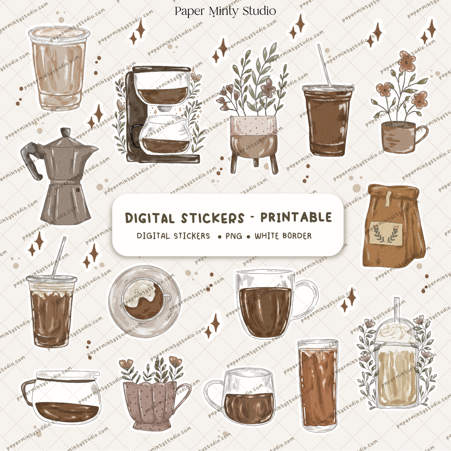 Cafe Latte Printable Sticker Sheet and Digital GoodNotes Sticker Sheet