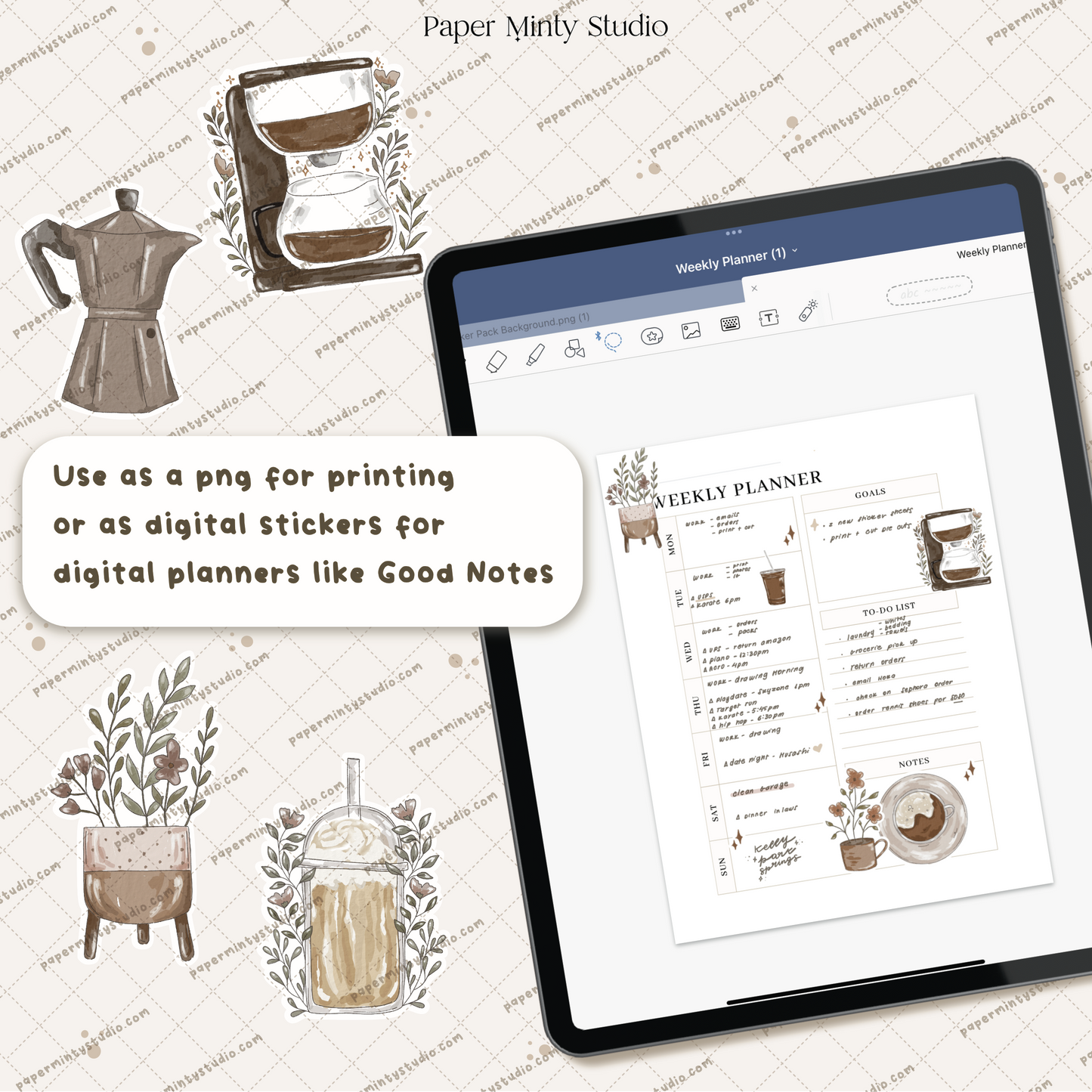 Cafe Latte Printable Sticker Sheet and Digital GoodNotes Sticker Sheet