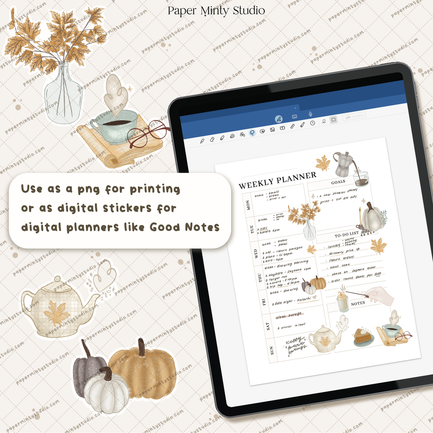 Comfy Fall Printable Sticker Sheet and Digital GoodNotes Sticker Sheet