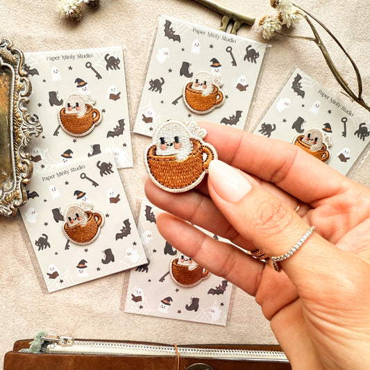 Ghostie in a Mug Iron-On Patches