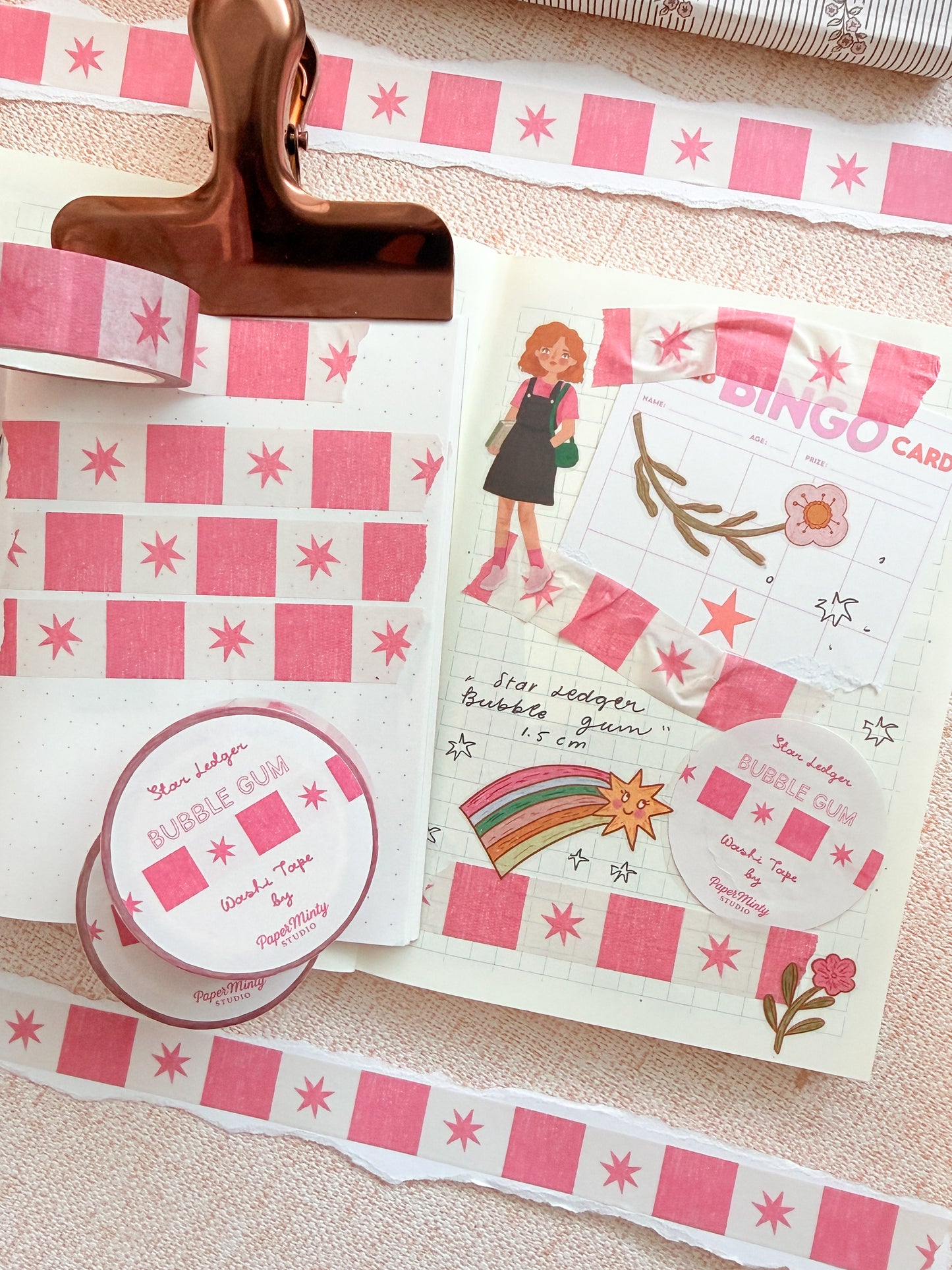 Star Ledger Bubble Gum 1.5cm Washi