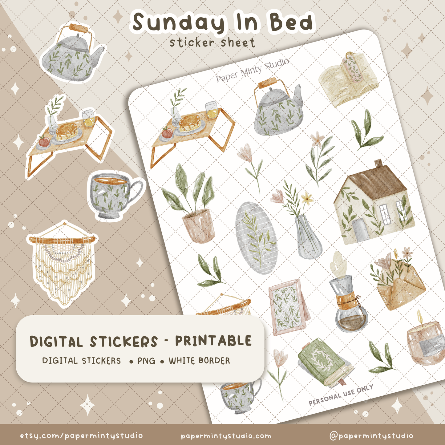Sunday In Bed Printable Sticker Sheet and Digital GoodNotes Sticker Sheet