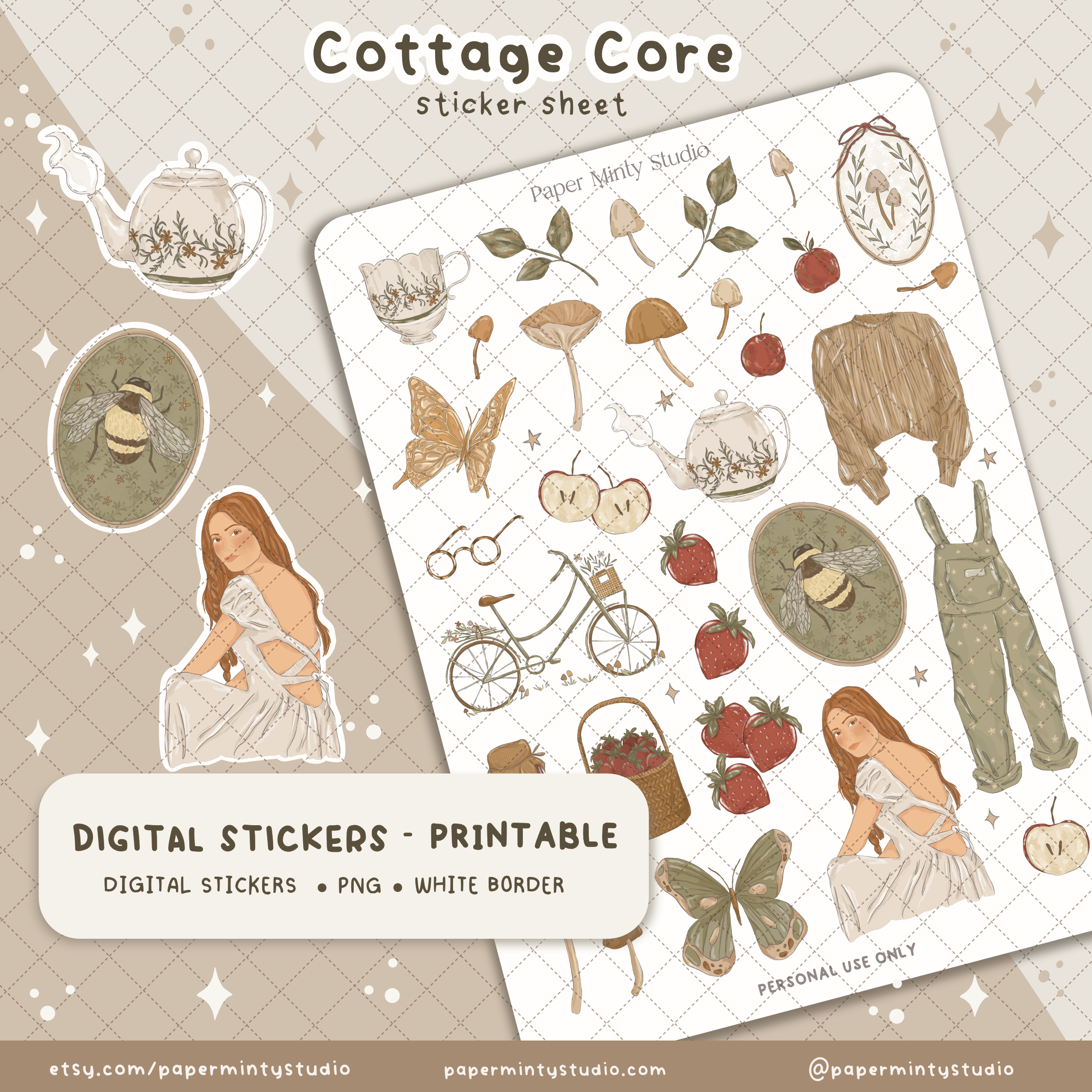 Cottage Core Printable Sticker Sheet and Digital GoodNotes Sticker She ...