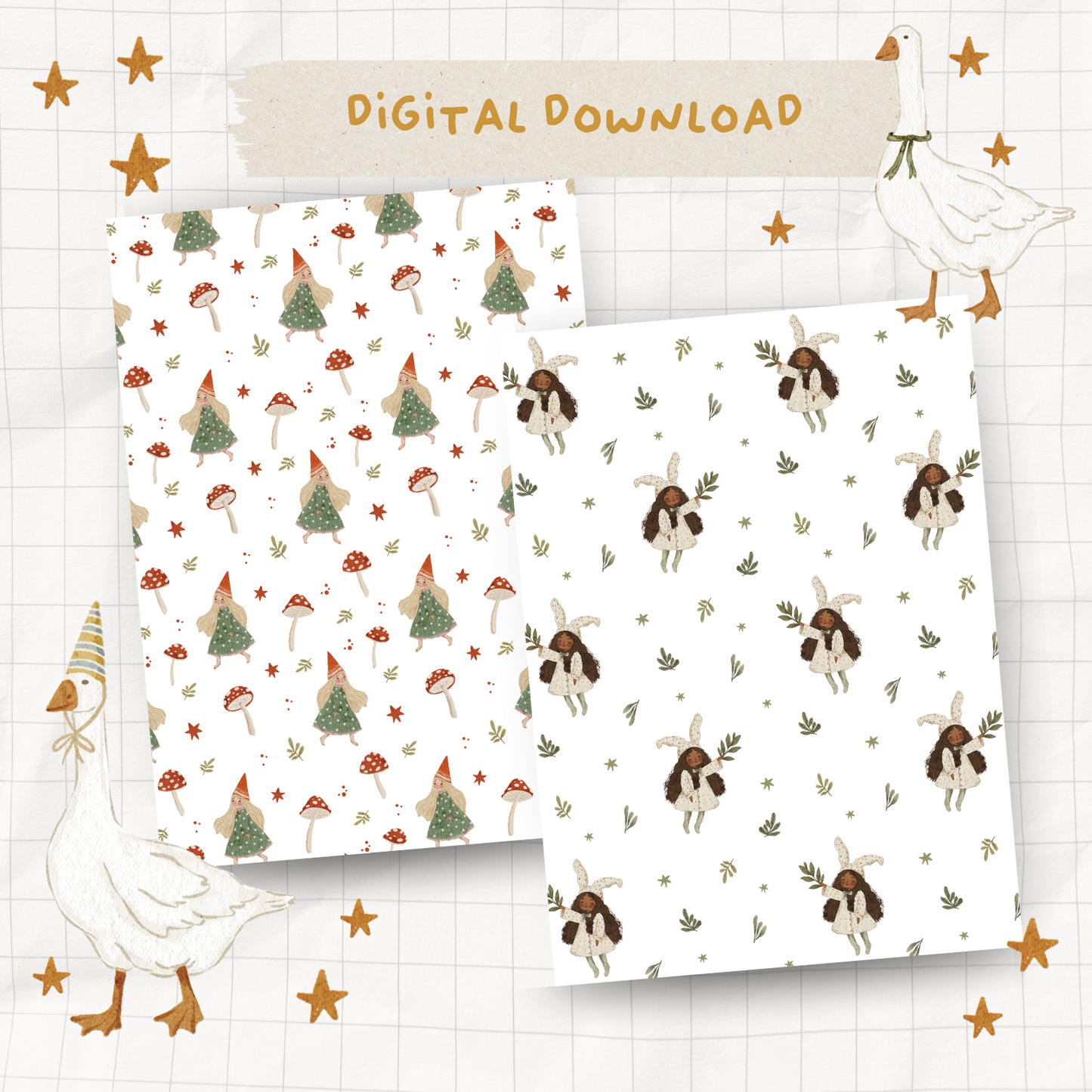 Garden Gnome Girls Printable Paper (Set of 4) | DOWNLOAD |