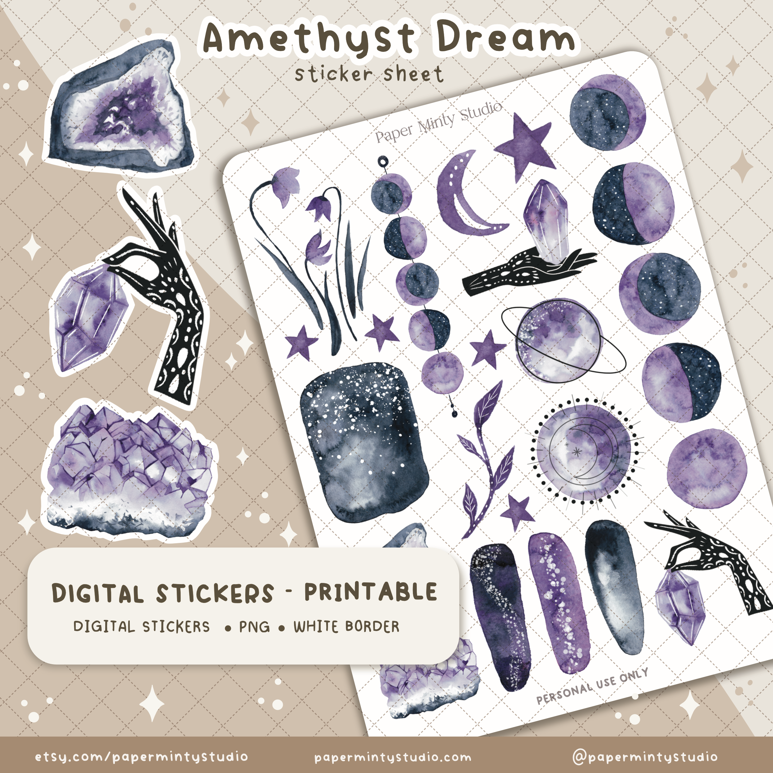 Amethyst Dream Printable Sticker Sheet and Digital GoodNotes Sticker S ...