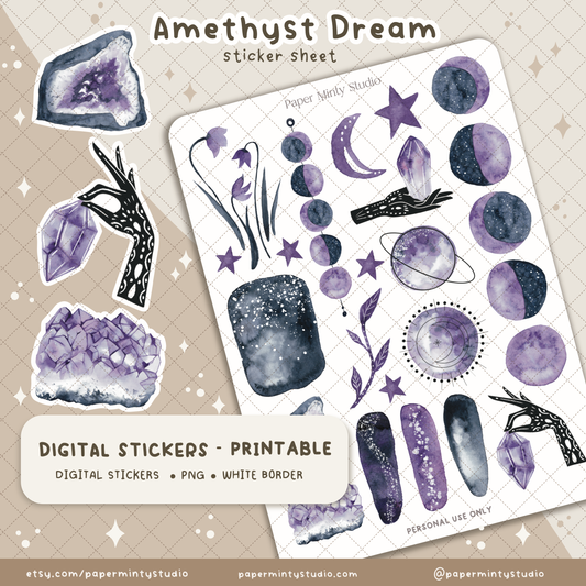 Amethyst Dream Printable Sticker Sheet and Digital GoodNotes Sticker Sheet