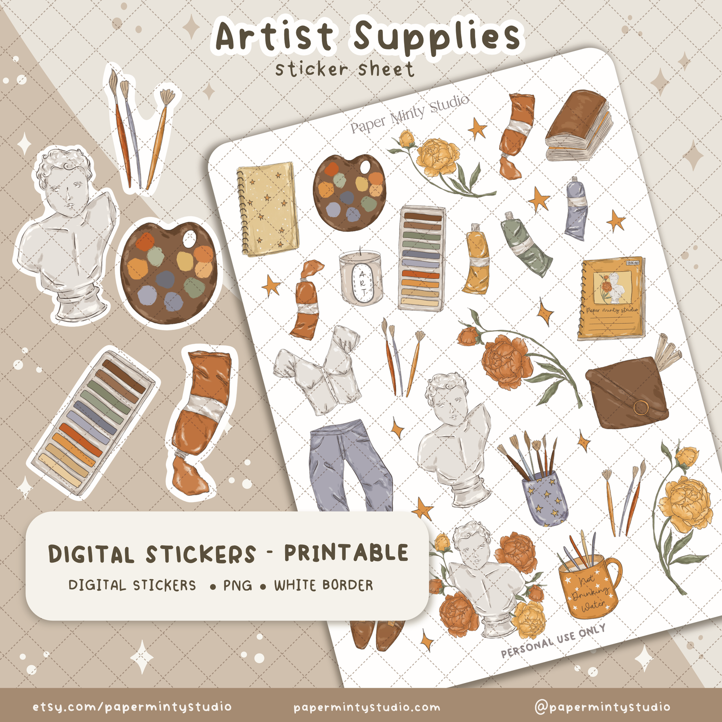 Artist Supplies Printable Sticker Sheet and Digital GoodNotes Sticker Sheet