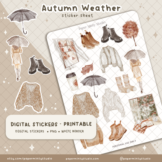 Autumn Weather Printable Sticker Sheet and Digital GoodNotes Sticker Sheet