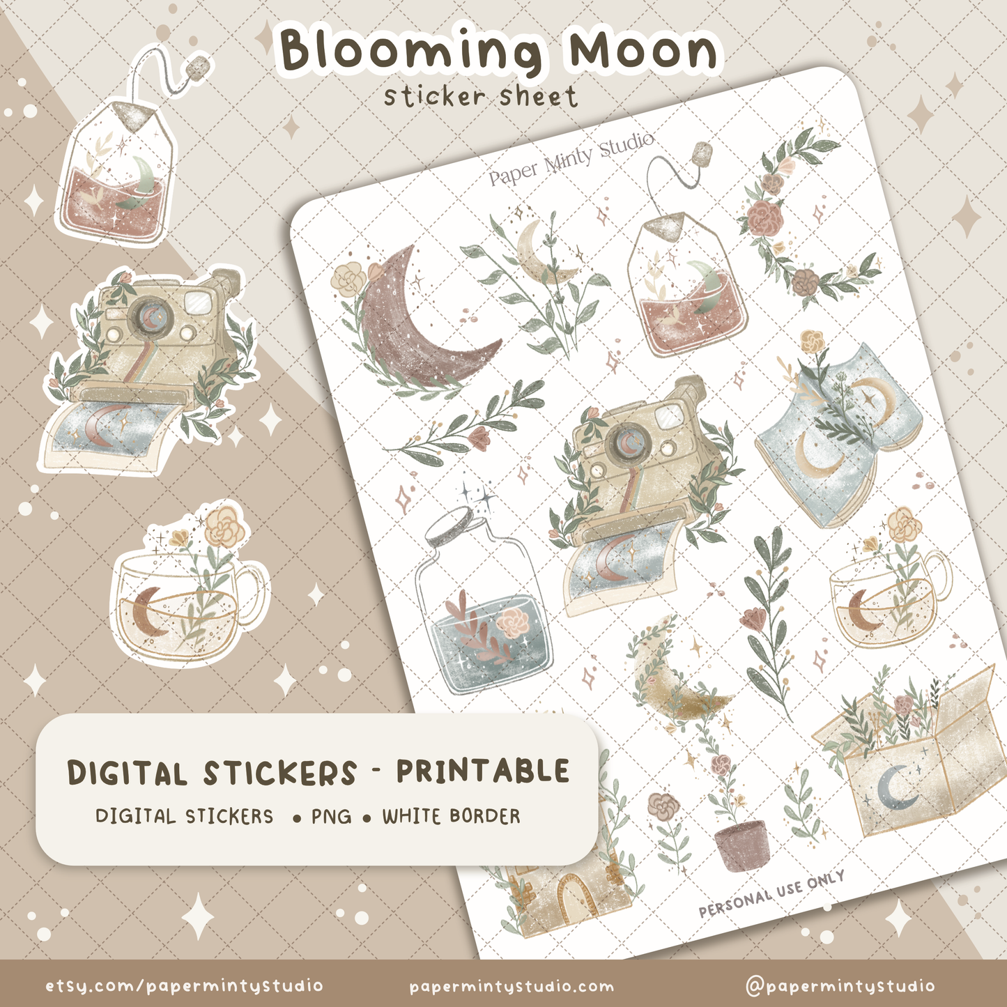 Blooming Moon Printable Sticker Sheet and Digital GoodNotes Sticker Sheet