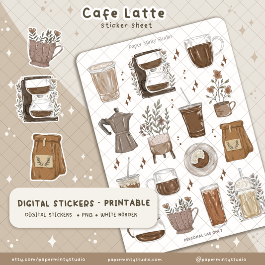 Cafe Latte Printable Sticker Sheet and Digital GoodNotes Sticker Sheet