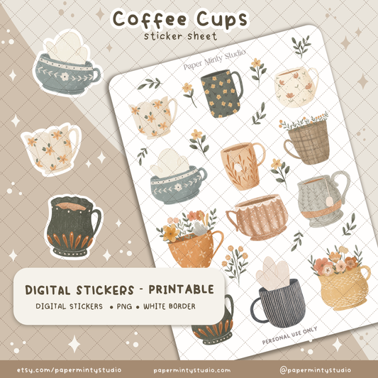 Coffee Cups Printable Sticker Sheet and Digital GoodNotes Sticker Sheet