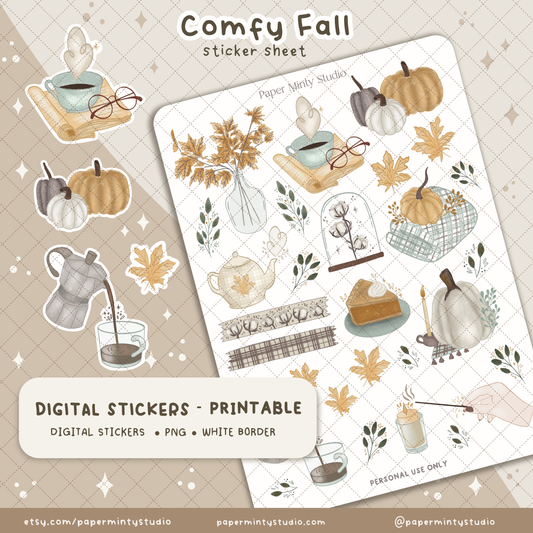 Comfy Fall Printable Sticker Sheet and Digital GoodNotes Sticker Sheet