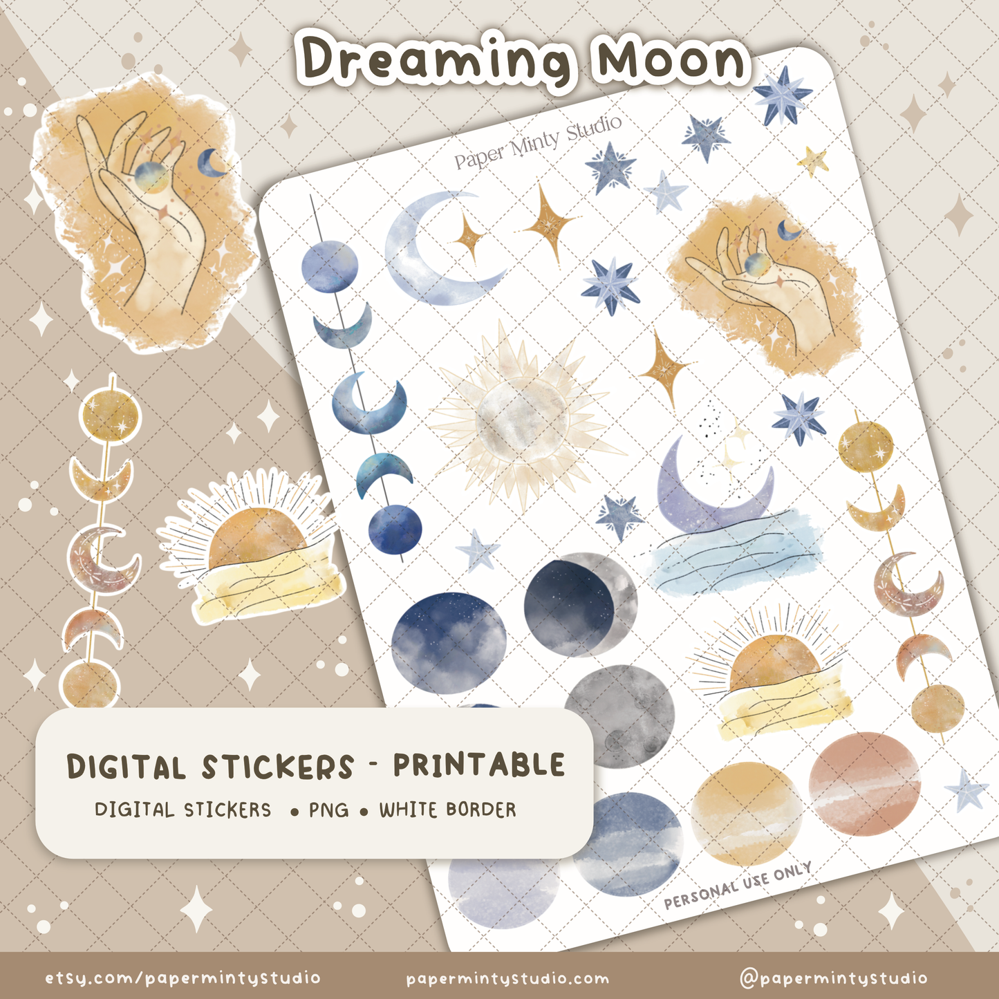 Paper Sticker Moon Printable Sticker Sheet Dreaming Moon – PaperMintyStudio