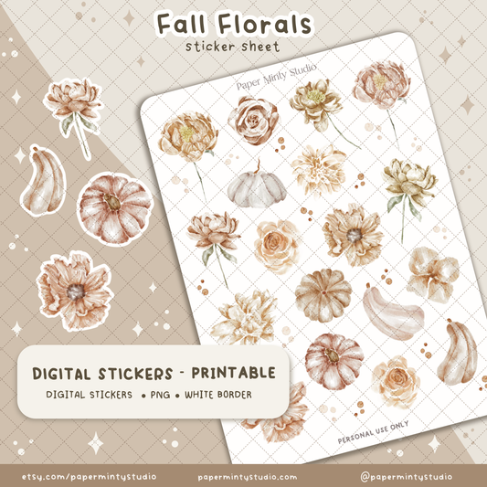 Fall Florals Printable Sticker Sheet and Digital GoodNotes Sticker Sheet