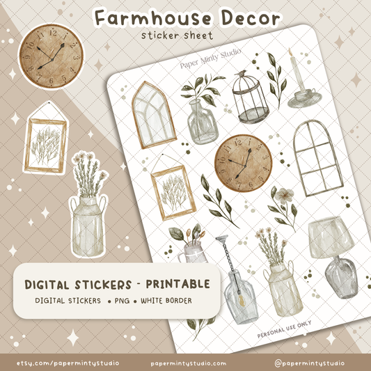 Farmhouse Decor Printable Sticker Sheet and Digital GoodNotes Sticker Sheet
