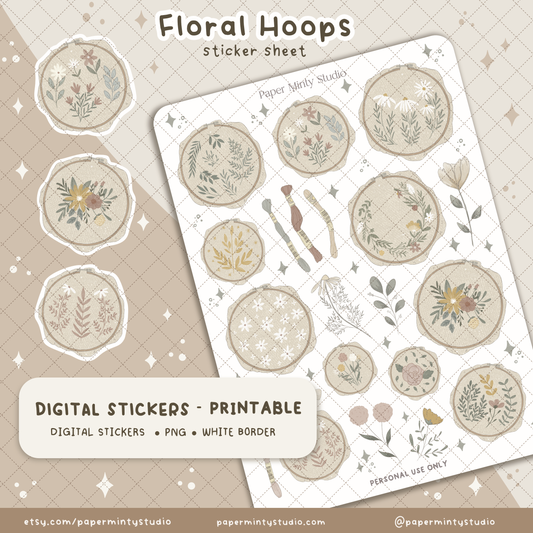 Floral Hoops Printable Sticker Sheet and Digital GoodNotes Sticker Sheet