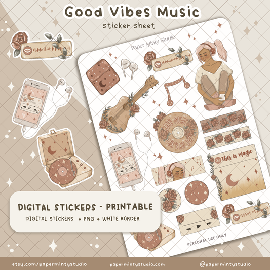 Good Vibes Music Printable Sticker Sheet and Digital GoodNotes Sticker Sheet