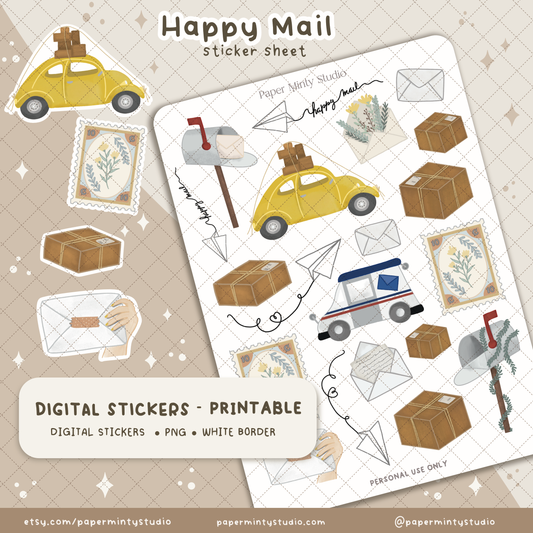Happy Mail Printable Sticker Sheet and Digital GoodNotes Sticker Sheet
