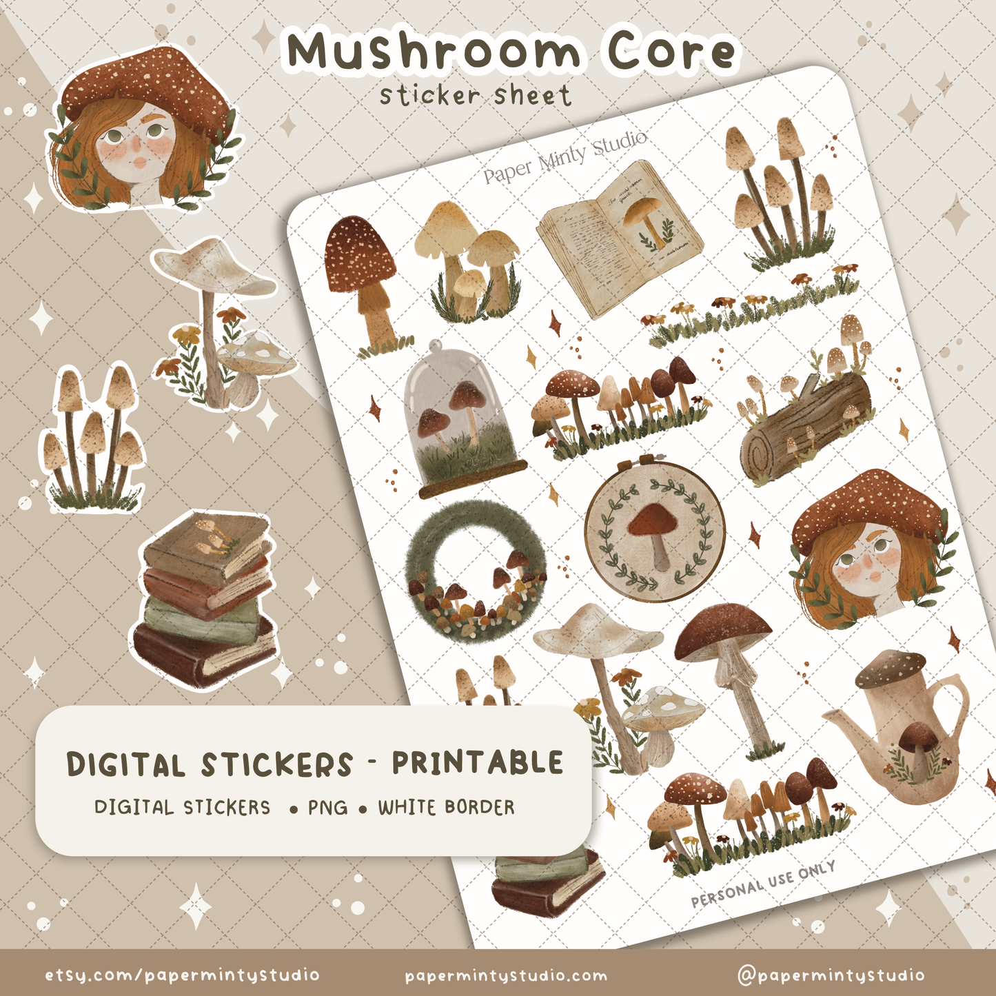 Mushroom Core Printable Sticker Sheet and Digital GoodNotes Sticker Sheet