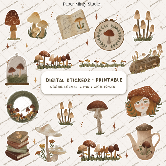 Mushroom Core Printable Sticker Sheet and Digital GoodNotes Sticker Sheet