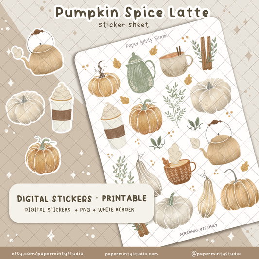 Pumpkin Spice Latte Printable Sticker Sheet and Digital GoodNotes Sticker Sheet