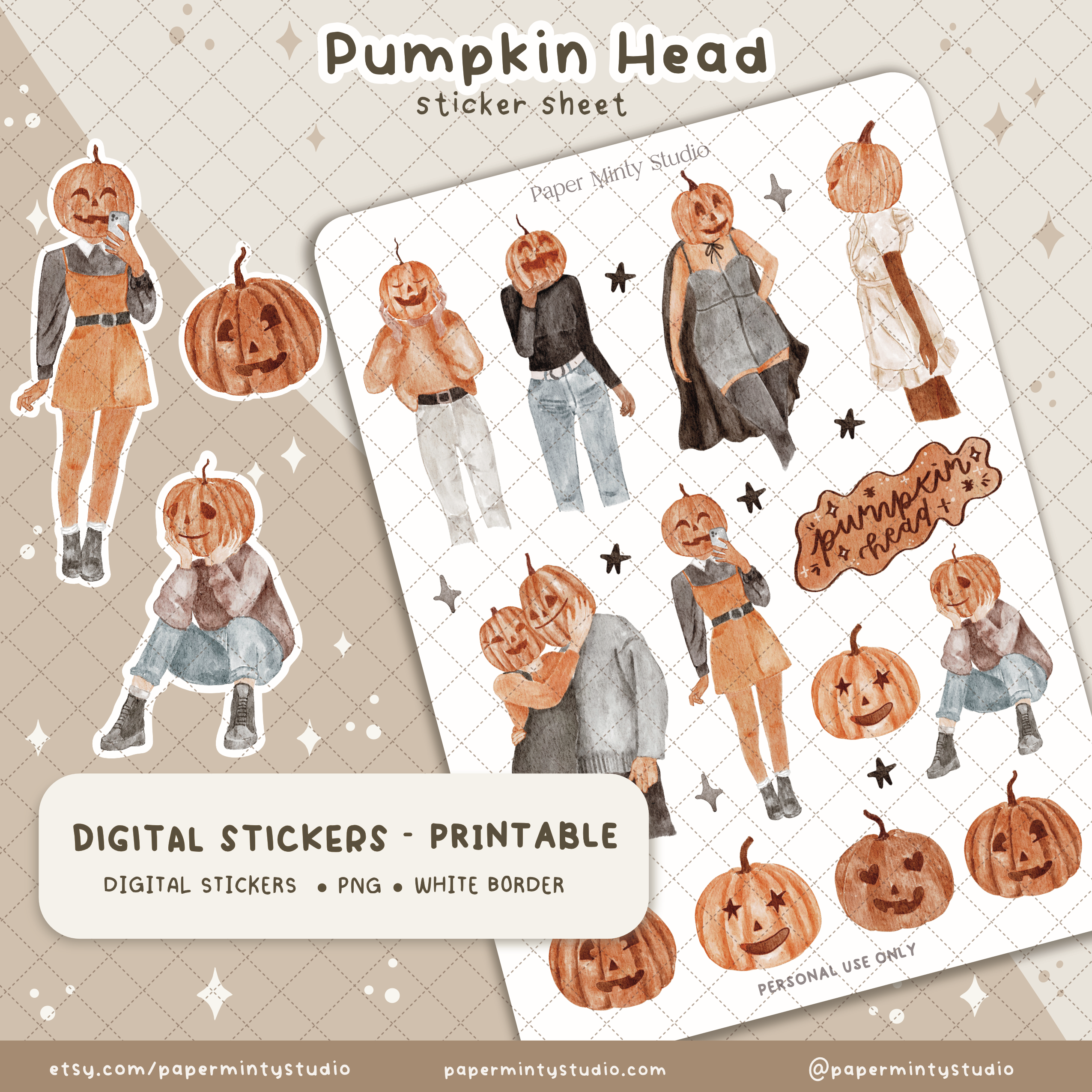 Pumpkin Head Printable Sticker Sheet and Digital GoodNotes Sticker She ...