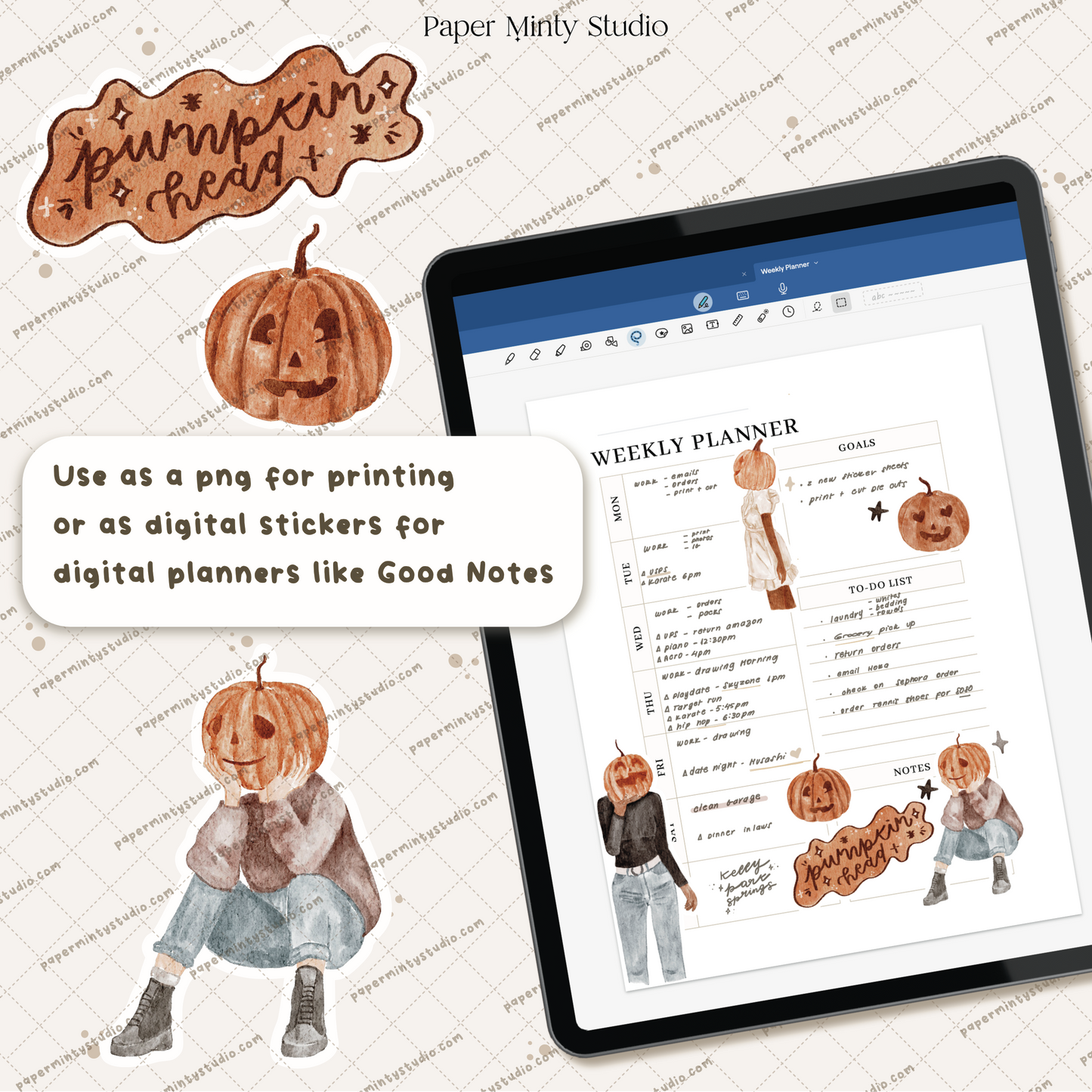 Pumpkin Head Printable Sticker Sheet and Digital GoodNotes Sticker Sheet (Copy)