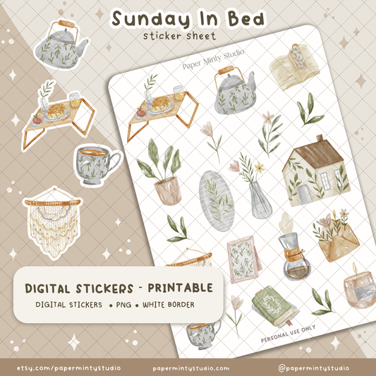 Sunday In Bed Printable Sticker Sheet and Digital GoodNotes Sticker Sheet