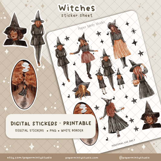 Witches Printable Sticker Sheet and Digital GoodNotes Sticker Sheet