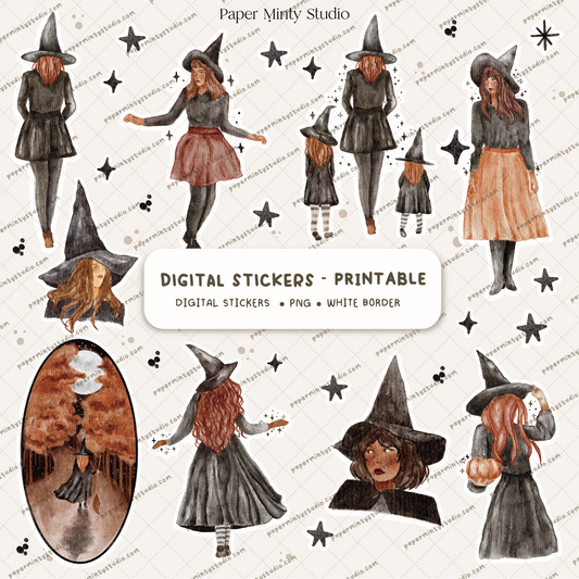 Witches Printable Sticker Sheet and Digital GoodNotes Sticker Sheet